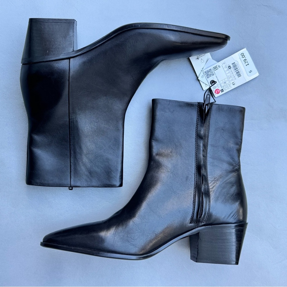 Zara Block Heel Leather Ankle Boots - Picture 4 of 8